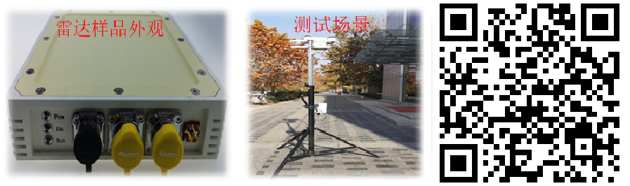 雷达实物图 (左), 测试场景 (中), 视频链接二维码 (右)